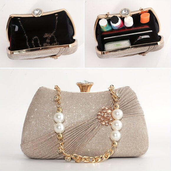 Champagne Pleated Badge Bag Shiny Rhinestone Pearl Bracelet Clutch Crossbody - Picture 4 of 7